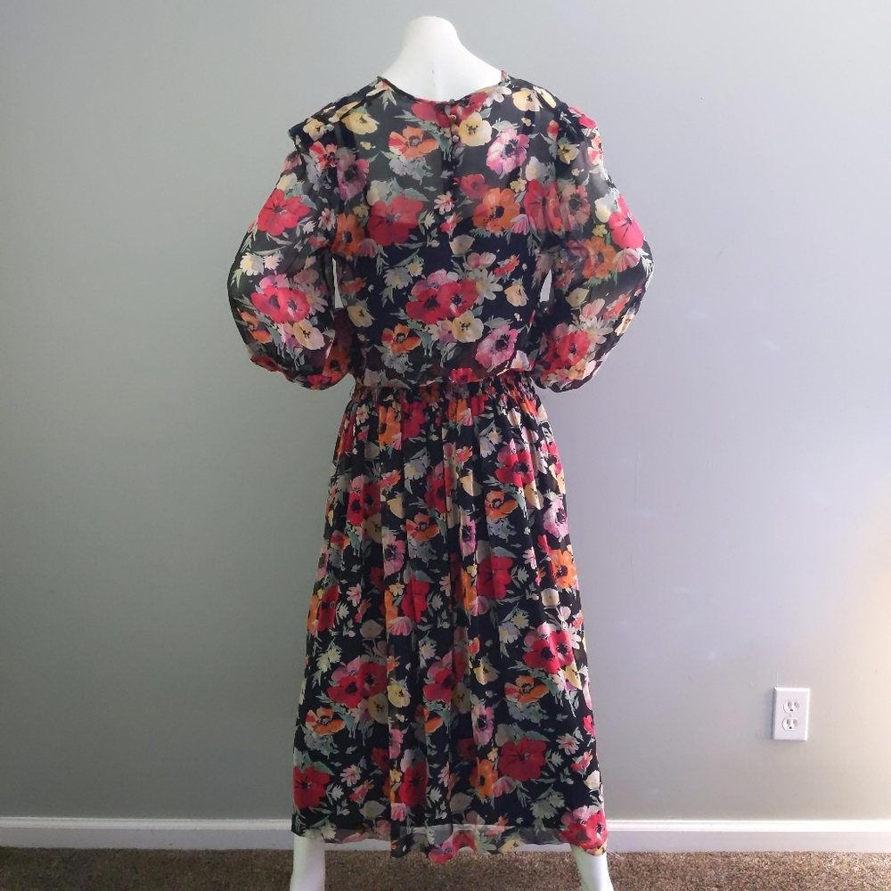 Vintage 90s Umi Collections Anne Crimmins Red Poppy Floral Silk Ruched Dress 12 - Picture 5 of 8